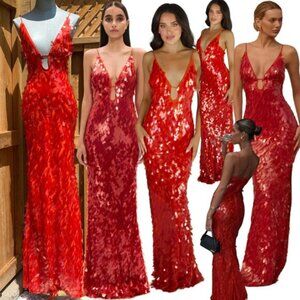 🆕 MISHA COLLECTION 🧿 NWOT Red Sapphire Sequins Maxi Dress, Sz XS US 2